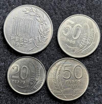 西班牙、丹属西印度、法属殖民地、乌拉圭银币古铜币，周五晚上九点倒数截拍，满百包邮，可寄存半年，喜欢朋友微信扫描二维码可直接参拍 - 乌拉圭70年代早期流通币四枚,km56-59