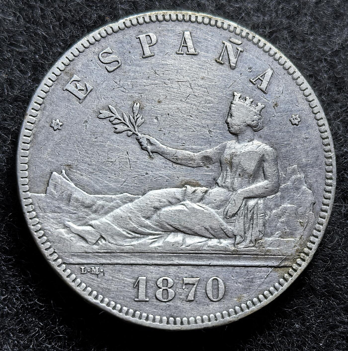 西班牙、丹属西印度、法属殖民地、乌拉圭银币古铜币，周五晚上九点倒数截拍，满百包邮，可寄存半年，喜欢朋友微信扫描二维码可直接参拍 西班牙1870年5比塞塔大银币km655