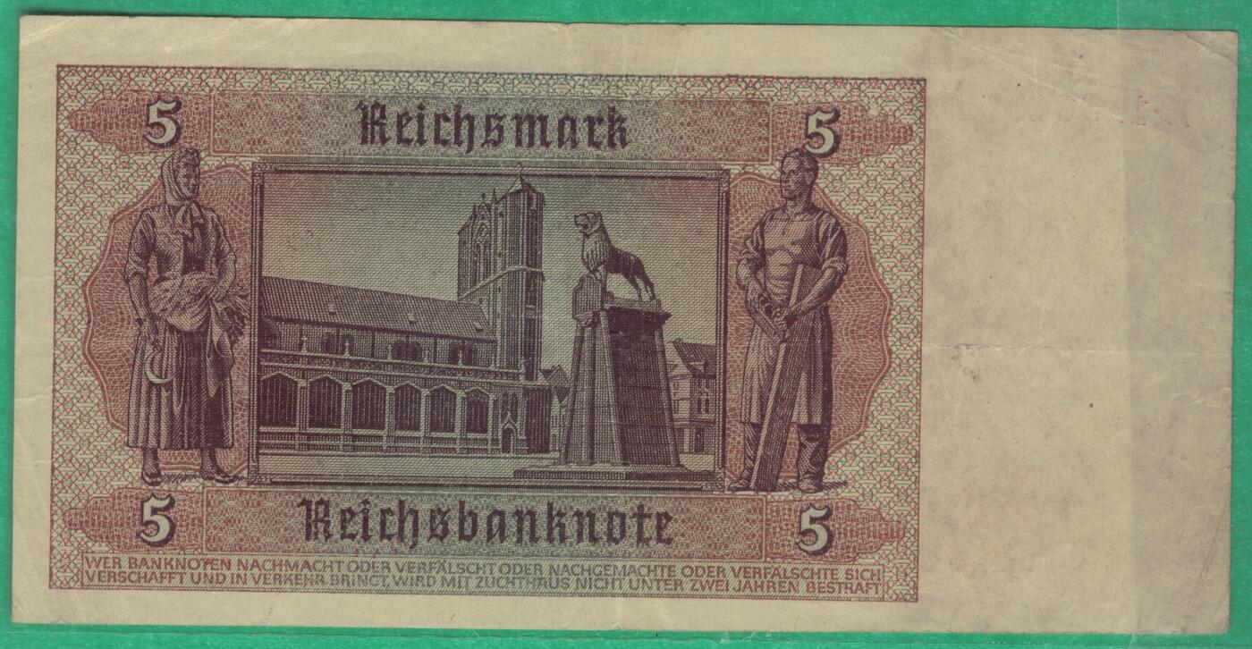 德国1940年至1945年5马克(二战时期) P-R138b 八位号码版 尾8 实物图 八五品