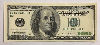 【礼羽收藏】🌏世界钱币拍卖第110期 - 1999年 100美元（大头版中发行量最少年份，远低于首发年份1996年）实物图