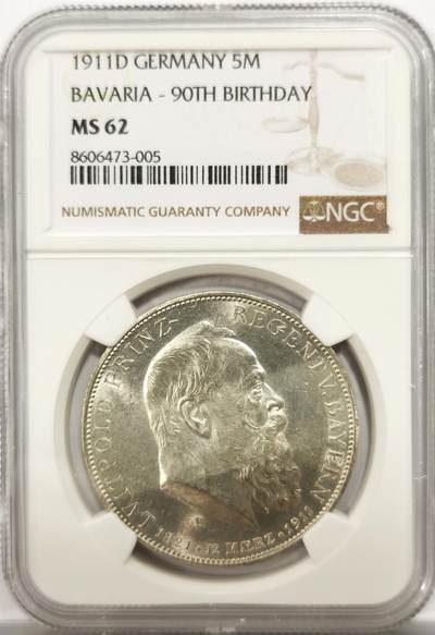 博洋堂“物美丰成”11月精品专场暨第145期（全场包邮） - NGC MS62 德国巴伐利亚1911年利奥波德聂政王90寿辰5马克银币，底板非常光滑，分数明显是评低了。