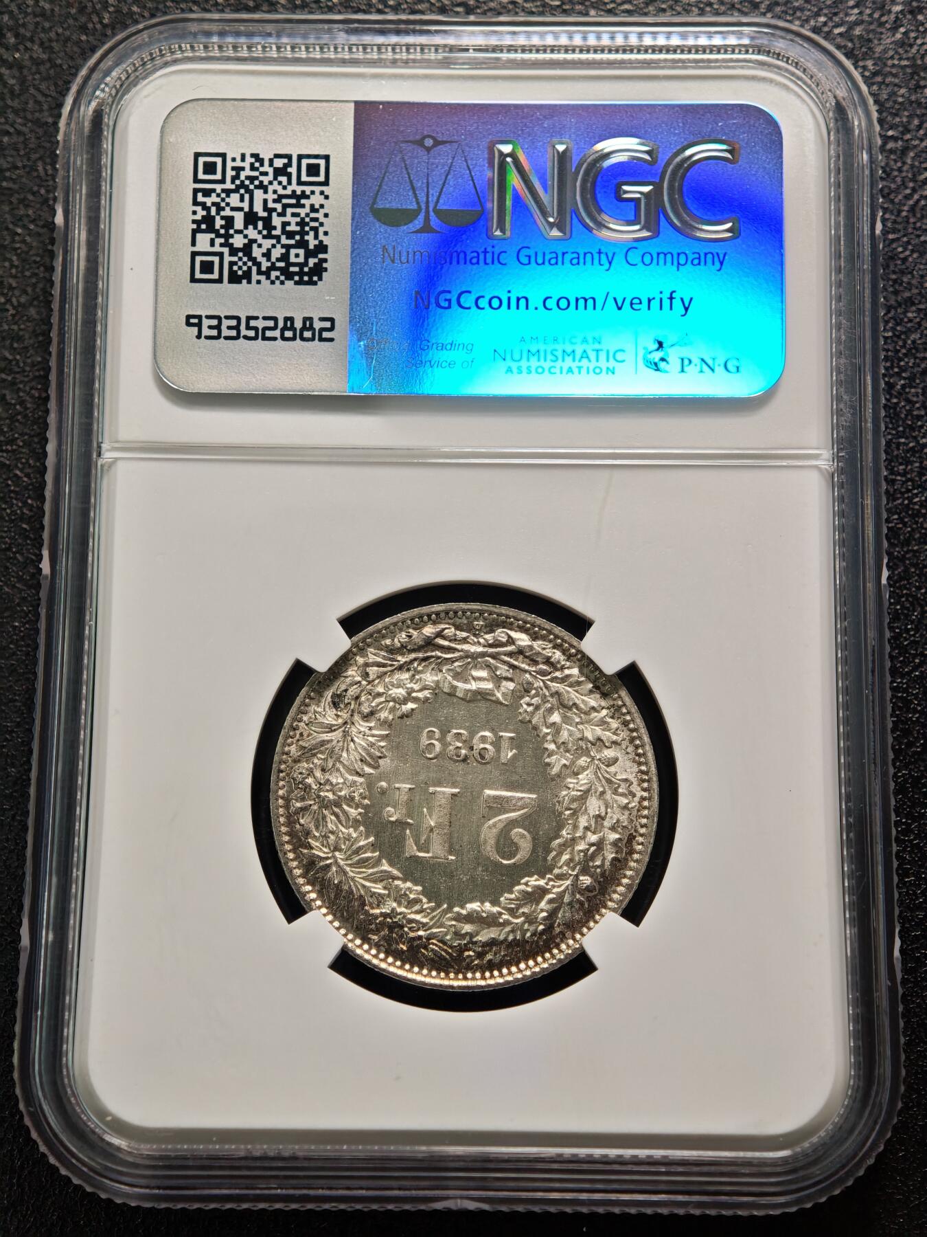 【德藏】世界币章拍卖第152期（拍品征集中~欢迎藏友联系） 1939年 瑞士2法郎银币  原光十足 NGC MS64