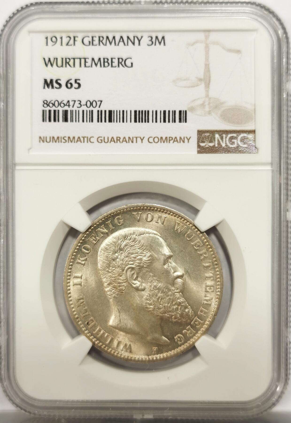 博洋堂“物美丰成”11月精品专场暨第145期（全场包邮） NGC MS65 德国符腾堡1912年威廉二世大公流通3马克银币，粉光，底板丝滑，状态绝佳。