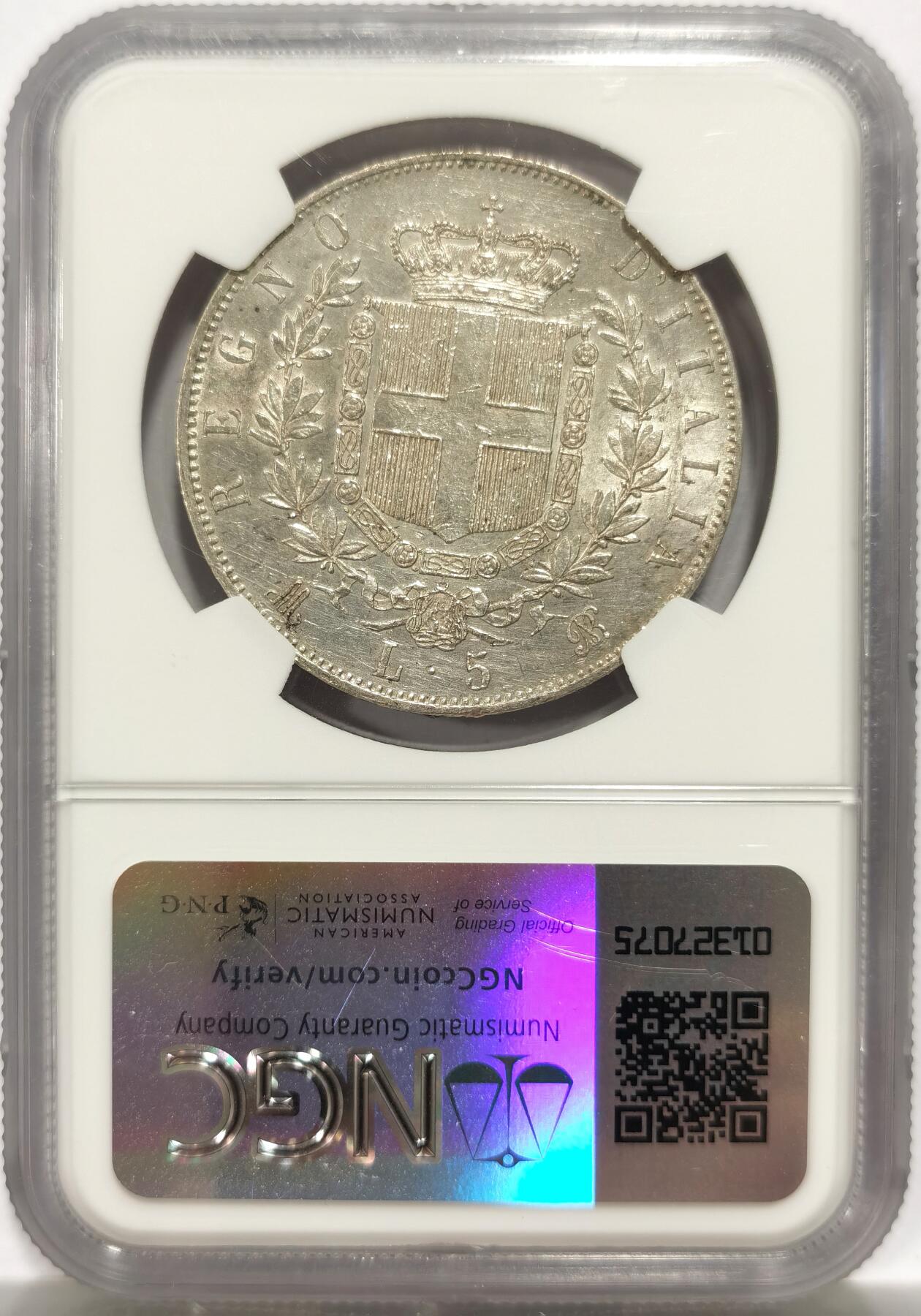博洋堂“物美丰成”11月精品专场暨第145期（全场包邮） NGC UNCD 意大利1872年伊曼纽尔5里拉银币 带光好品 本土热门的品种