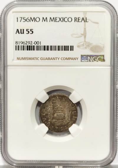 博洋堂“物美丰成”11月精品专场暨第145期（全场包邮） - NGC AU55 西属墨西哥1756年费迪南六世地球双柱1R，黄油彩好状态，1里亚尔有分难得