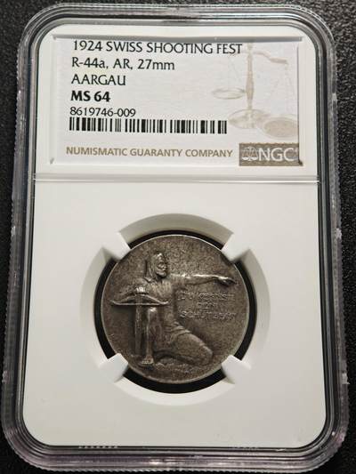 【德藏】世界币章拍卖第152期（拍品征集中~欢迎藏友联系） - 1924年 瑞士阿尔高州阿劳射击节银章  磨砂质感 鹰徽细腻 整体包浆搭配图案映衬出十足朦胧感 NGC MS64