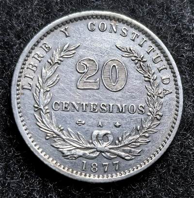 西班牙、丹属西印度、法属殖民地、乌拉圭银币古铜币，周五晚上九点倒数截拍，满百包邮，可寄存半年，喜欢朋友微信扫描二维码可直接参拍 - AU品相乌拉圭1877年20分银币，km15
