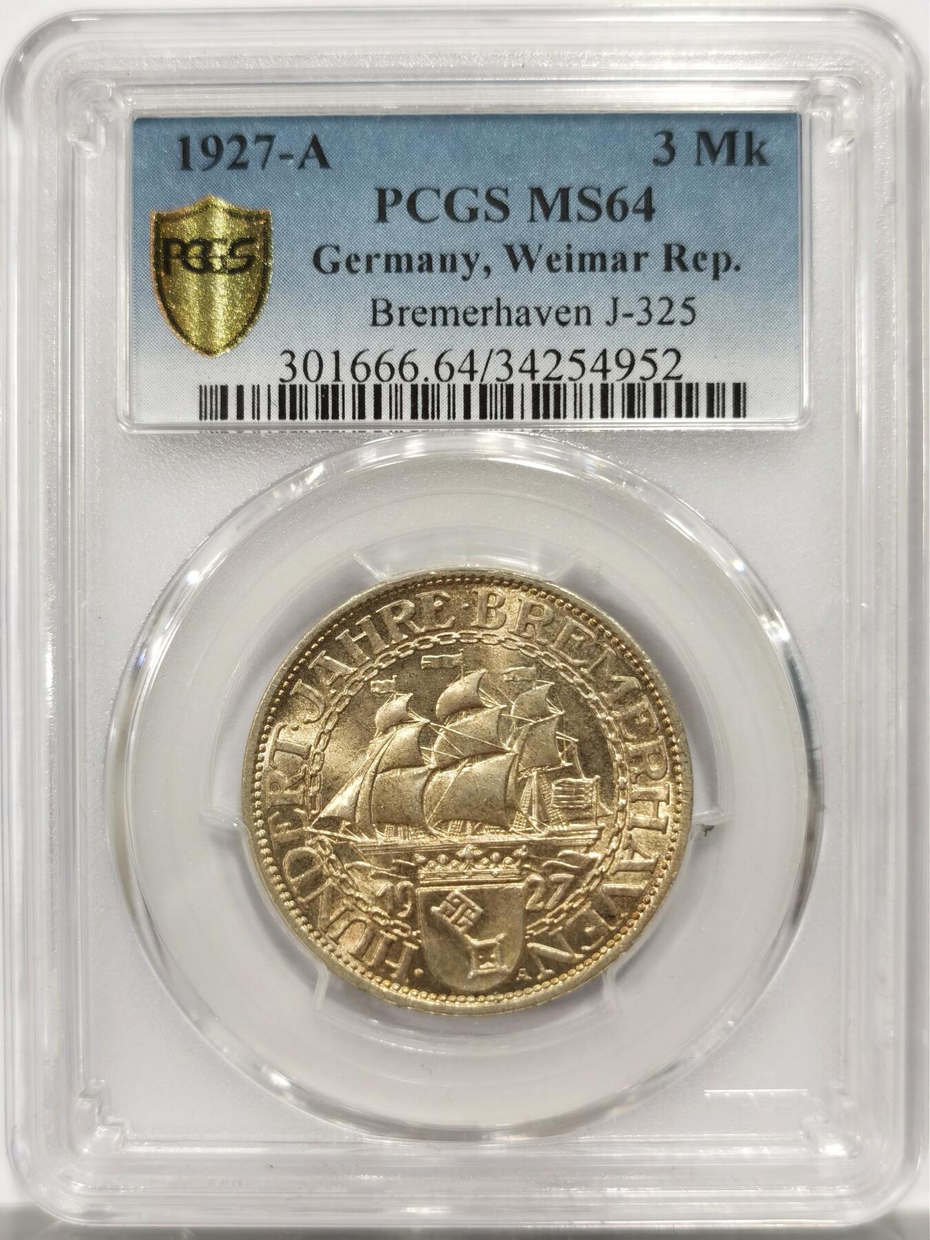 博洋堂“物美丰成”11月精品专场暨第145期（全场包邮） PCGS MS64 德国魏玛共和国1927年不莱梅港纪念3马克银币