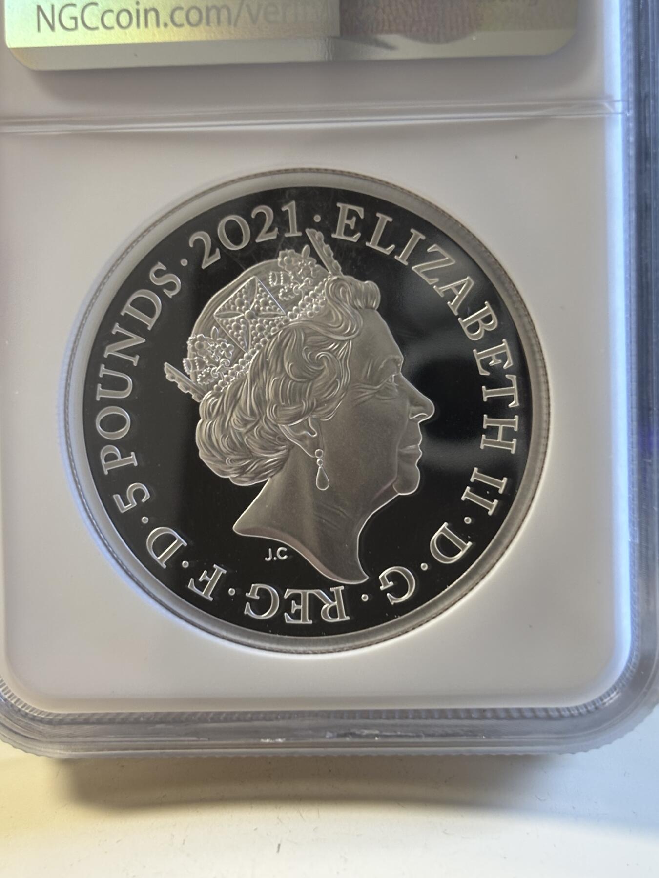 第181期拍卖  2021年英国5镑精制纪念加厚银币 雕刻师哥特人像NGC PF69无盒无证书，2盎司，999银