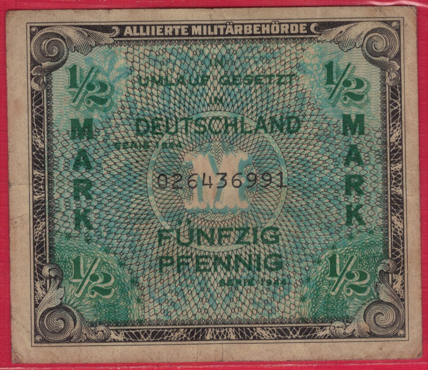 德国1944年1/2马克(半马克 0.5马克) 二战盟军占领德国后发行(英占区) P-191a 9位号码 F标识 实物图 八五品