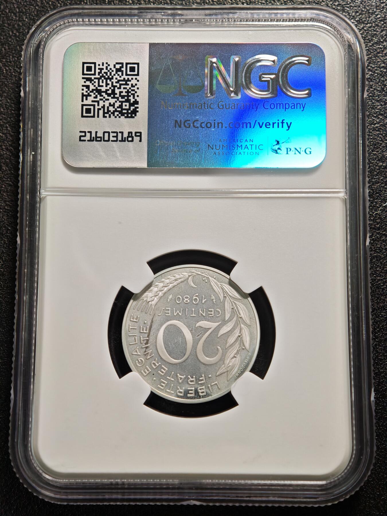 【德藏】世界币章拍卖第152期（拍品征集中~欢迎藏友联系） 唯一冠军分  1980年 法国第五共和国20分加厚精制银币 950银10.27克 资料显示发行量仅820枚 NGC PF67CAMEO