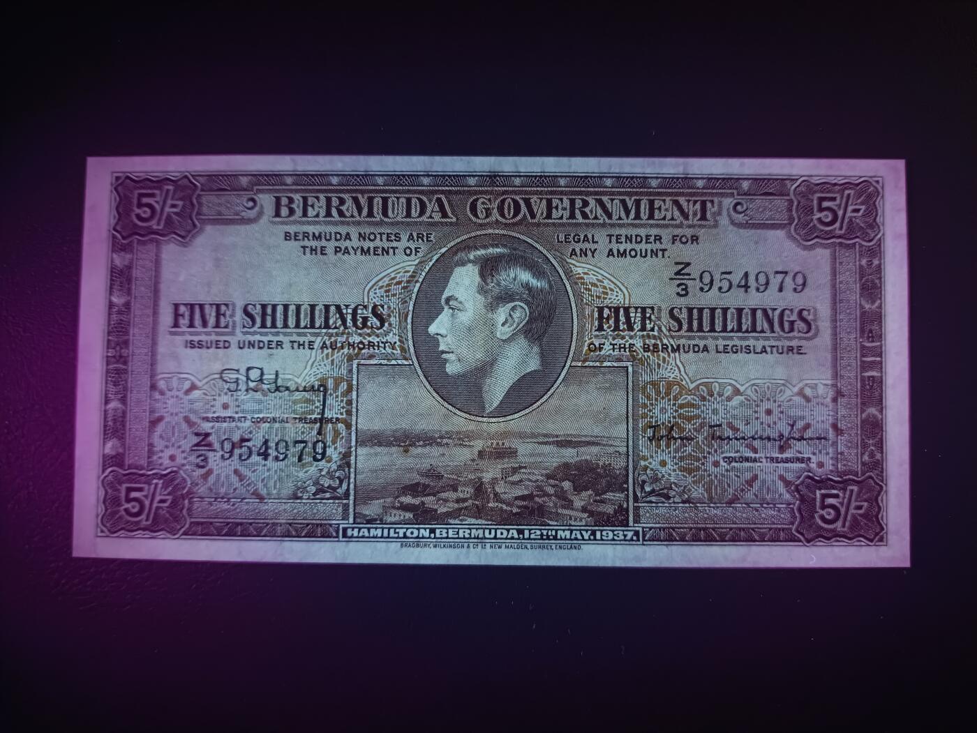 2025十一月第二期，总第200期 英属百慕大1937版5先令AUNC，乔治六世国王和总督府徽章