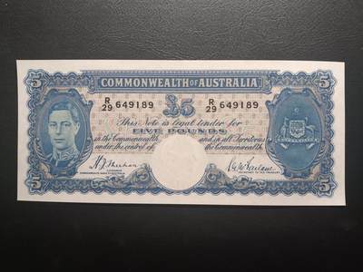 2025十一月第二期，总第200期 - 澳大利亚1949版5镑UNC-，乔治六世国王和搬运工浮雕，少见中高面值