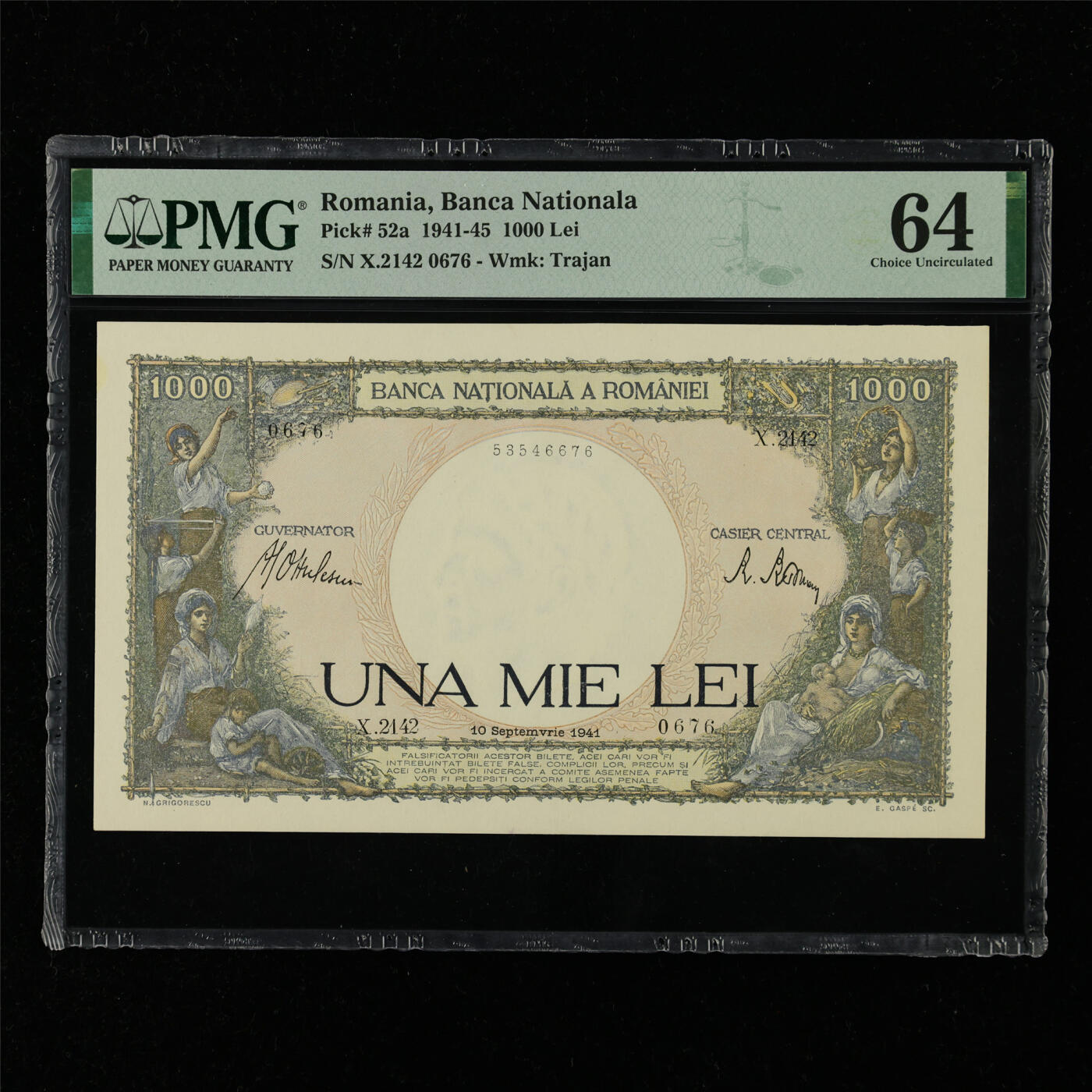 【亘邦集藏】第216期拍卖 1941-45年 罗马尼亚1000列伊 PMG 64 X.2142 0676