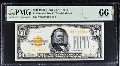 【Blue Auction】世界纸币精拍第747期——18级TOP拍卖/信誉/品质/专业/高效💫 -  【AA冠 亚军分 1300多张评级记录中仅5张更高分】美国 1928年50美金黄金券 格兰特 高值少见 PMG66EPQ 如此高分稀见 凑套必备 值得珍藏 