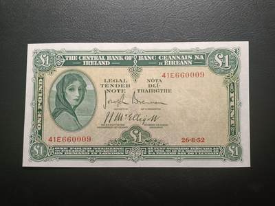 2025十一月第二期，总第200期 - 爱尔兰1952年1镑AUNC倒置号，早期下方有英爱两国货币互换协议的版本，爱尔兰人格化象征“拉维利夫人”