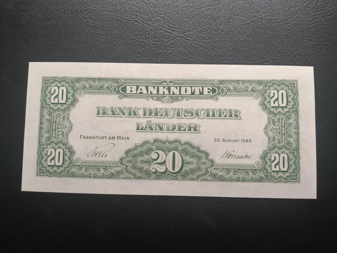 2025十一月第二期，总第200期 德国1949版20马克AUNC，后期“德意志国家银行”抬头，铁匠和桂冠女神