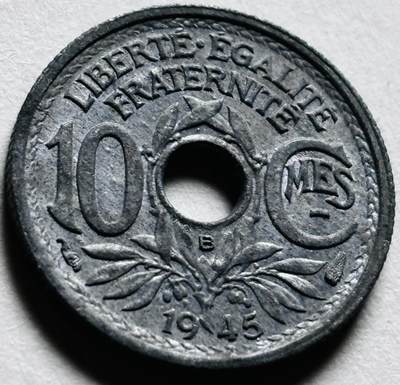 文馨钱币收藏第 279 场，银币，纪念铜章场 长期接收代拍品 - MS 级别未流通状态 1945 年法国二战末期 10 分锌币 B 厂标，第五版首发年，只发行 2 年时间，较为少见