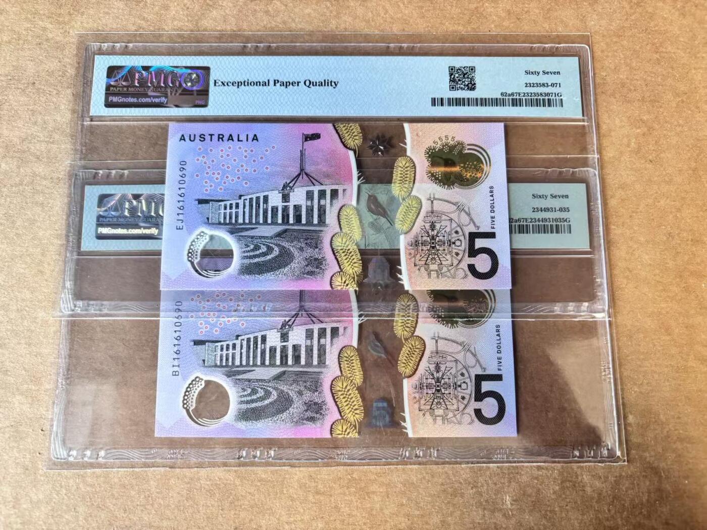【Blue Auction】世界纸币精拍第747期——18级TOP拍卖/信誉/品质/专业/高效💫 【一组2张 号码全同 倒置号】澳大利亚 2016年5元 PMG67EPQ