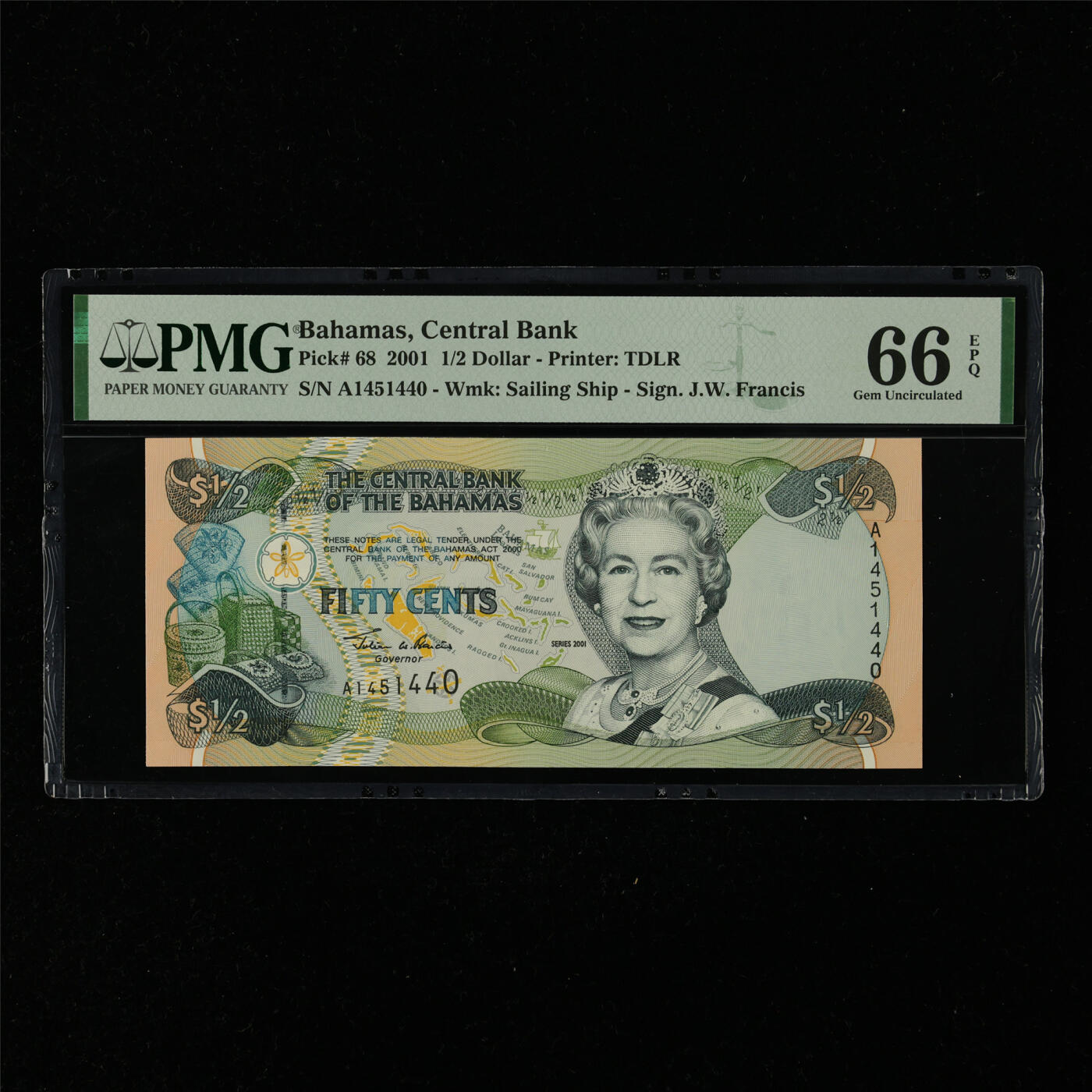【亘邦集藏】第216期拍卖 2001年 巴哈马0.5元 PMG 66EPQ A1451440