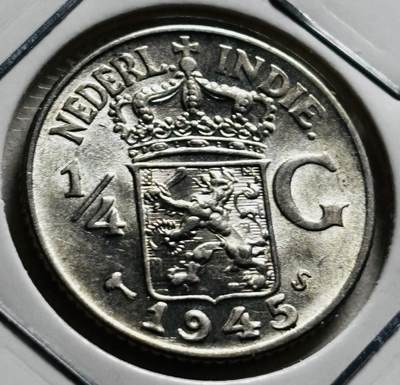 文馨钱币收藏第 279 场，银币，纪念铜章场 长期接收代拍品 - 原光 MS 品 1945 年荷属东印度 1/4 盾银币，威廉明娜时期 S 版