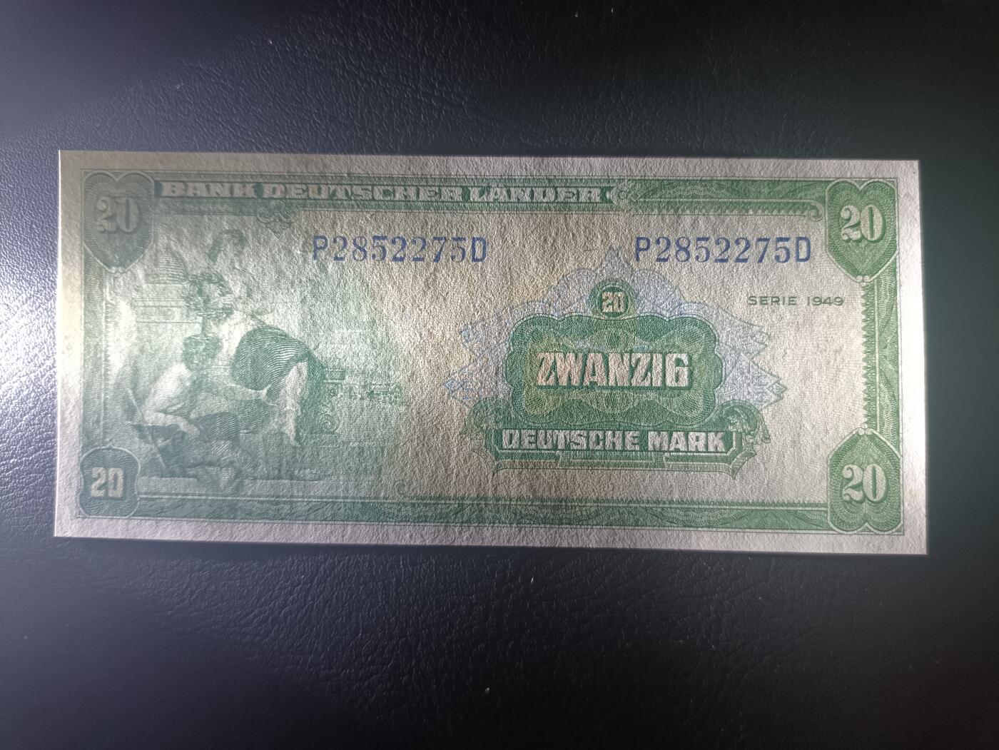 2025十一月第二期，总第200期 德国1949版20马克AUNC，后期“德意志国家银行”抬头，铁匠和桂冠女神