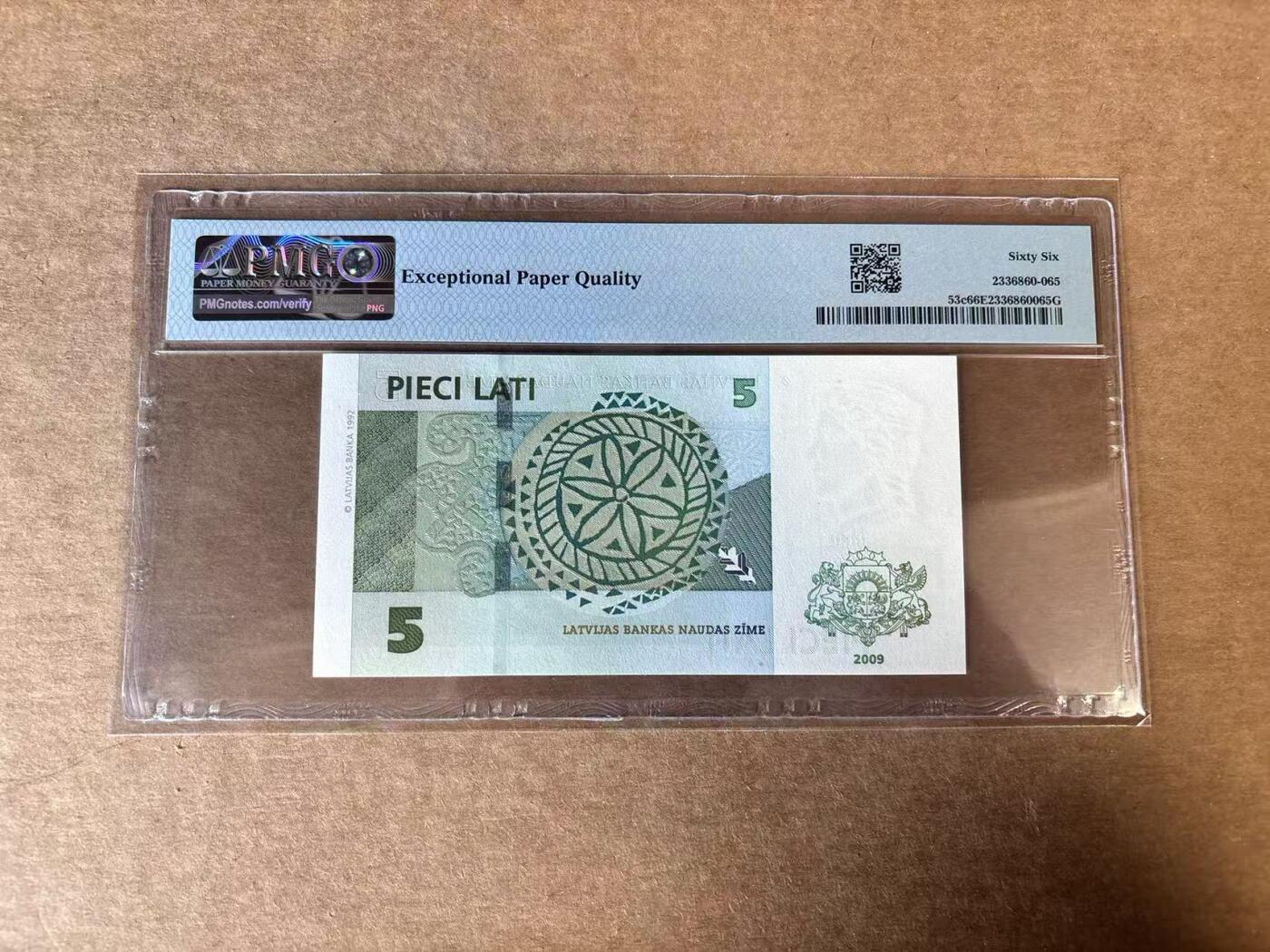 【Blue Auction】世界纸币精拍第747期——18级TOP拍卖/信誉/品质/专业/高效💫 拉脱维亚 2009年5拉图 PMG66EPQ 