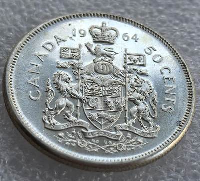  外国优质老铜币银币，周六九点倒数截拍，满百包邮，可寄存半年，喜欢朋友微信扫描二维码可直接参拍 - 精制加拿大1964年50分银币