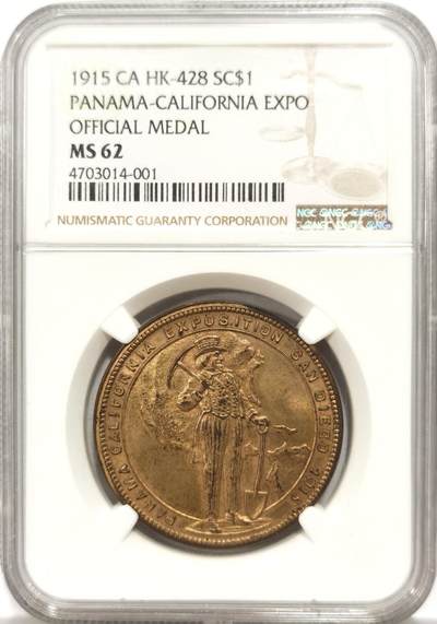 博洋堂“物美丰成”11月精品专场暨第145期（全场包邮） - NGC MS62 美国1915年巴拿马-加利福尼亚博览会币章 少见品种，该枚既是币又是章，面值1美金，官方发行的币章，章正面为加利福尼亚挖金矿工，09年GA成交一枚，1968.19元