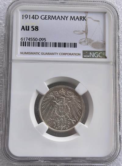  外国优质老铜币银币，周六九点倒数截拍，满百包邮，可寄存半年，喜欢朋友微信扫描二维码可直接参拍 - NGC 德国1914年1马克银币