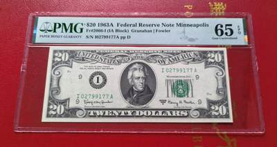 Gem Unc 美国纸币 1963年A版 20美元纸币 稀少区间I9 Pmg 65 - Gem Unc 美国纸币 1963年A版 20美元纸币 稀少区间I9 Pmg 65