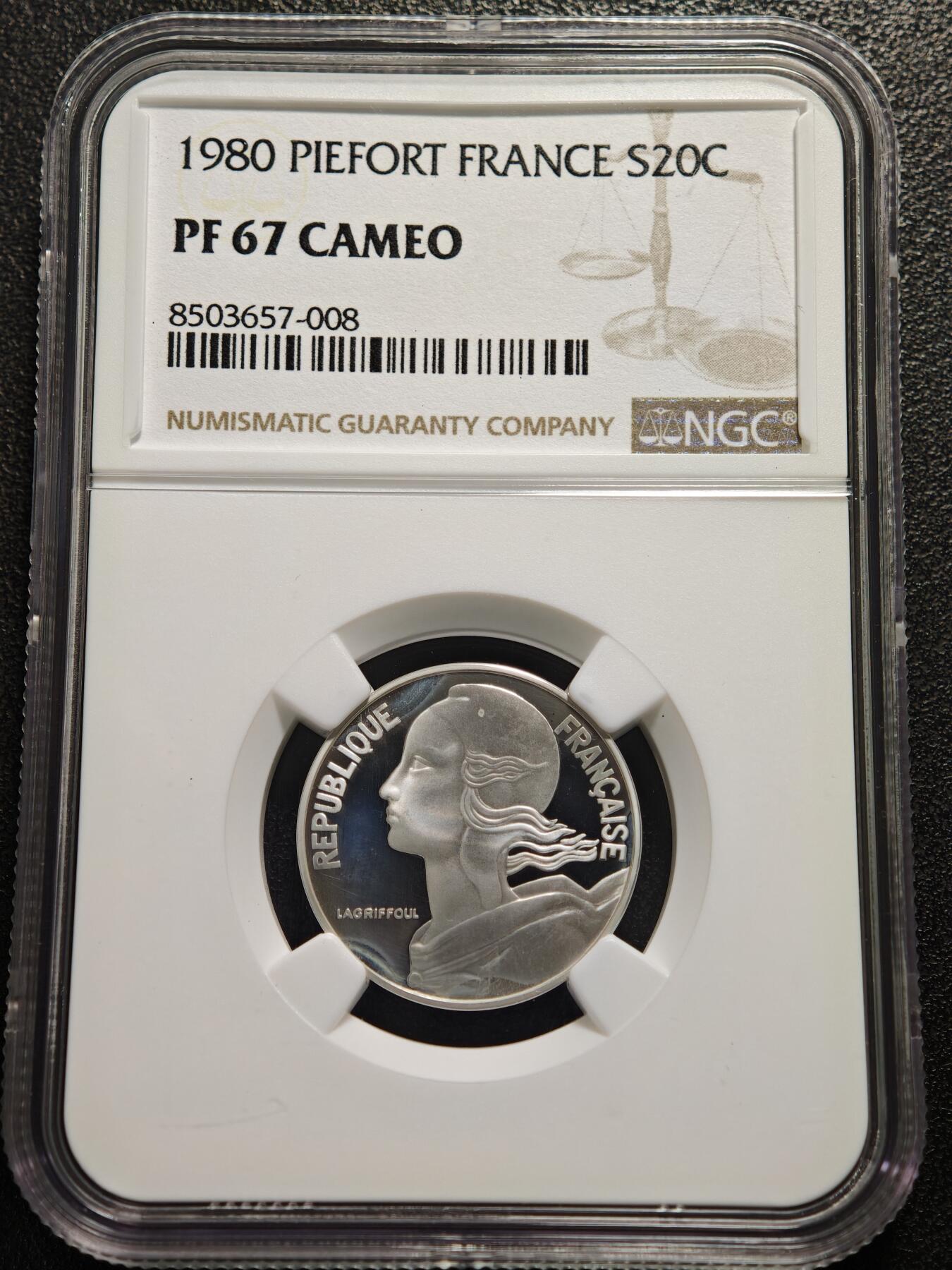 【德藏】世界币章拍卖第152期（拍品征集中~欢迎藏友联系） 唯一冠军分  1980年 法国第五共和国20分加厚精制银币 950银10.27克 资料显示发行量仅820枚 NGC PF67CAMEO
