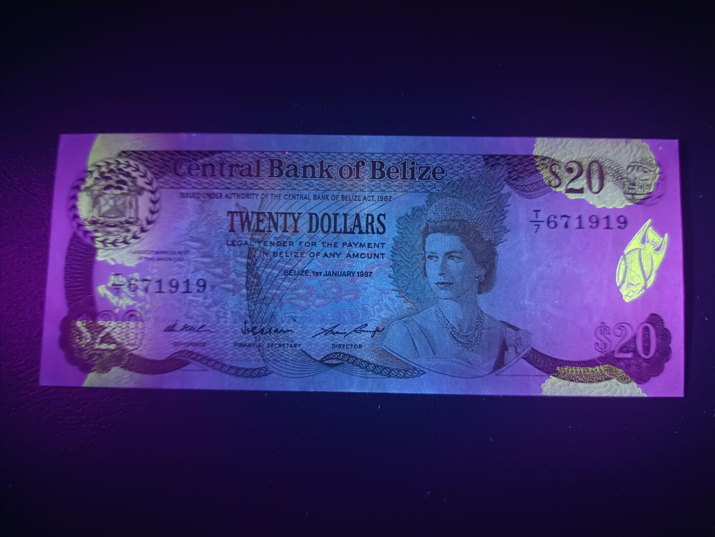 2025十一月第二期，总第200期 伯利兹1987版20元AUNC，珍珠冠女王和中央银行外景，少见中高面值