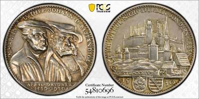 万国钱币拍卖第054期 - PCGS SP63 1930年德国奥格斯堡忏悔400周年纪念银章 卡尔哥茨名家设计五彩梅拉奇通和马丁·路德 奥格斯堡城市景观刻画精细