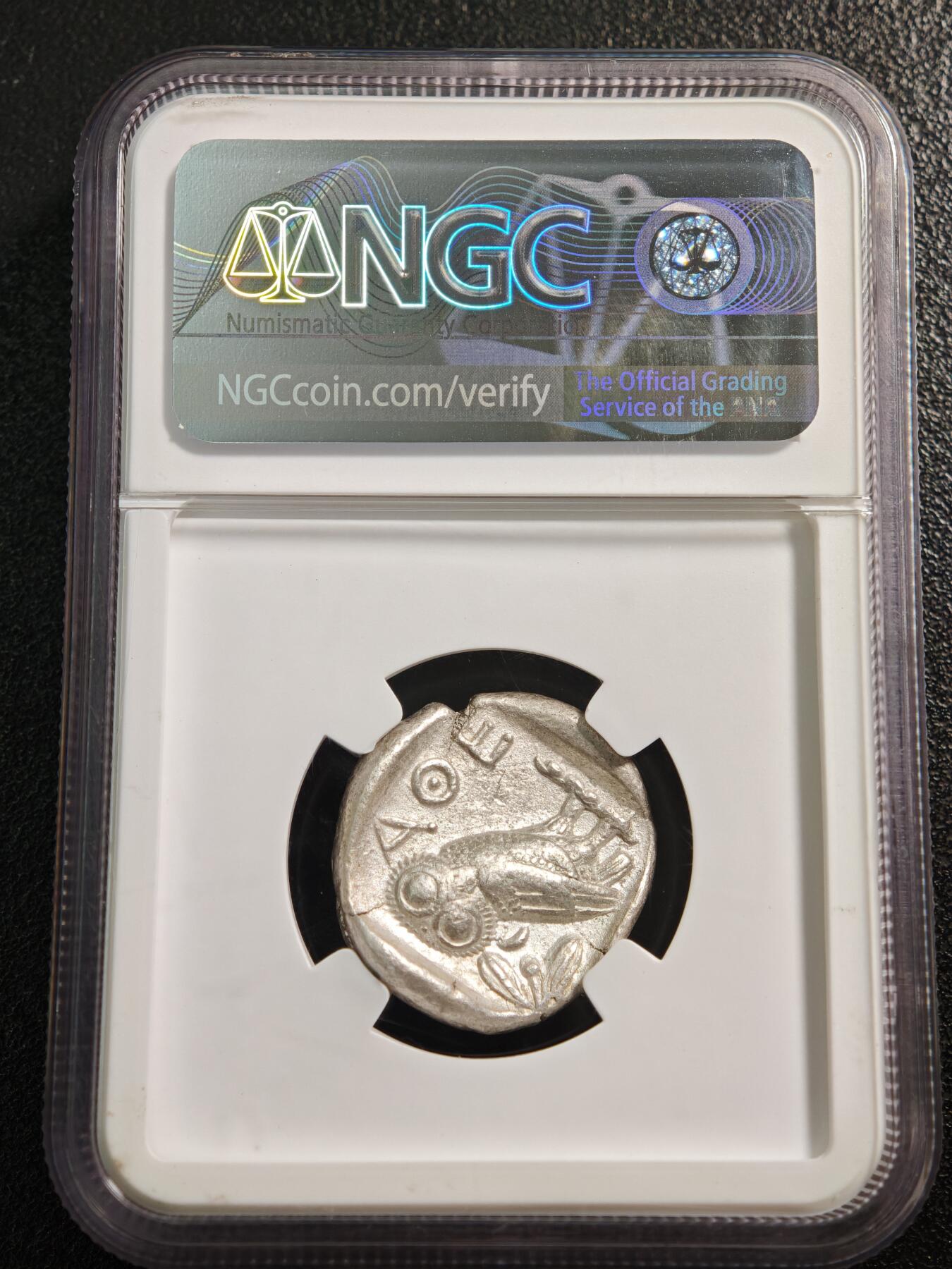 【德藏】世界币章拍卖第152期（拍品征集中~欢迎藏友联系） 公元前440-404年 古希腊雅典猫头鹰四拉克马银币 图案打制立体感十足 NGC VF