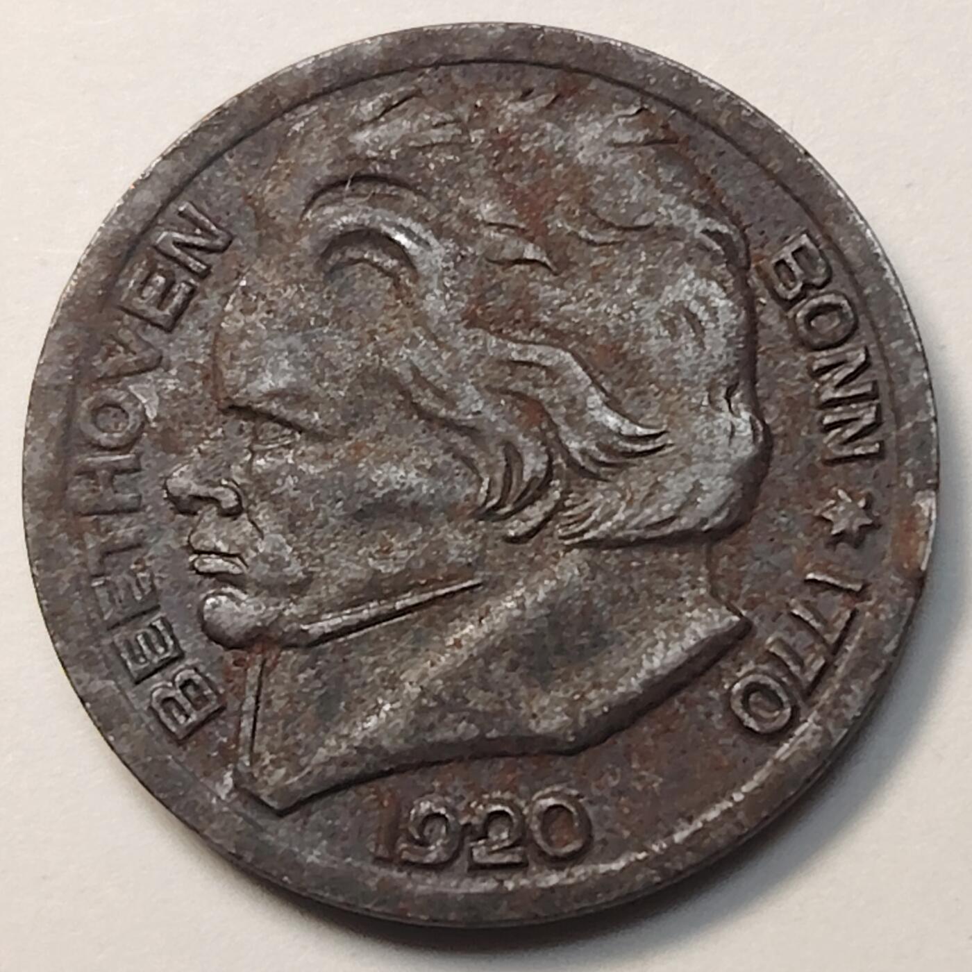 布加迪🐬～世界钱币(上海)🌾第 258 期 /  各国套币和散币 德国紧急状态币～波恩1920年50芬尼铁币硬币 贝多芬头像 25.8mm