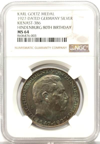 博洋堂“物美丰成”11月精品专场暨第145期（全场包邮） - NGC MS64 德国兴登堡1927年80寿辰大银章，蓝紫的炫彩包浆，状态极佳！
