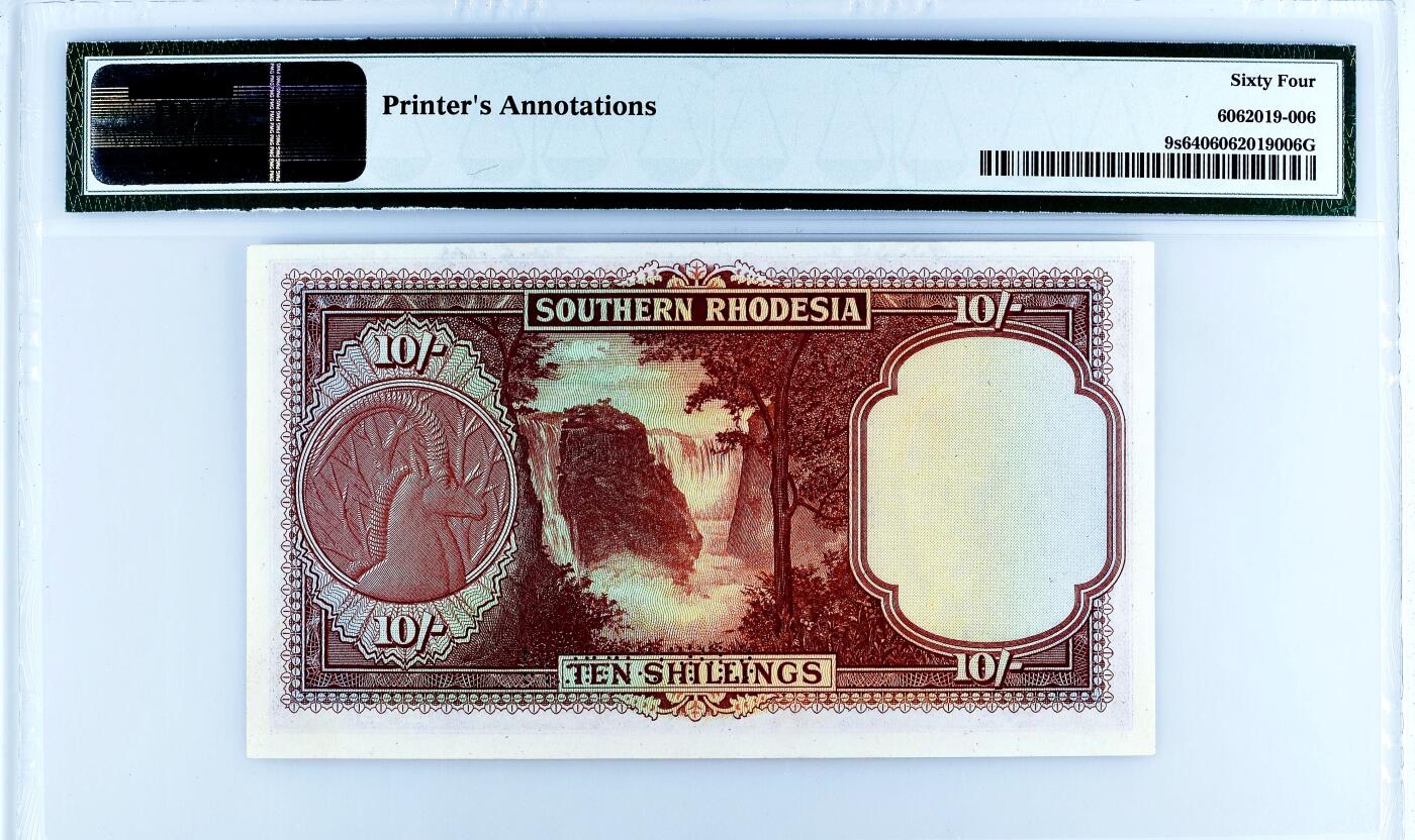 【Blue Auction】世界纸币精拍第747期——18级TOP拍卖/信誉/品质/专业/高效💫 【冠军分 样钞】英属南罗德西亚 1939-51年10先令 PMG64 英王乔六 背面为非洲最大瀑布——维多利亚大瀑布 老壳 雕刻精美 值得收藏   