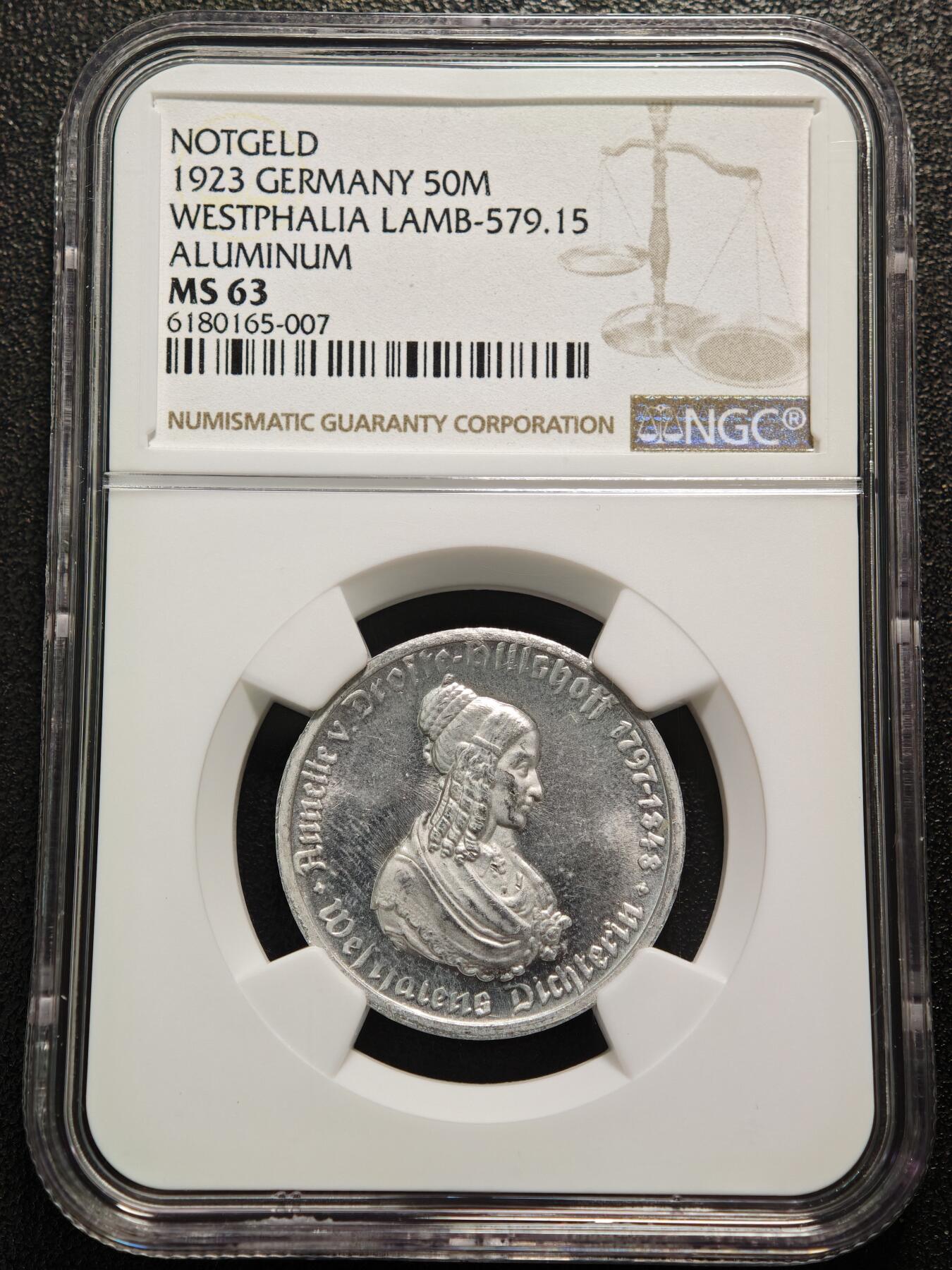 【德藏】世界币章拍卖第152期（拍品征集中~欢迎藏友联系） 1923年 德国德紧威斯特法伦女诗人像50马克马币铝币  原光十足 NGC MS63