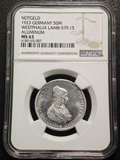【德藏】世界币章拍卖第152期（拍品征集中~欢迎藏友联系） - 1923年 德国德紧威斯特法伦女诗人像50马克马币铝币  原光十足 NGC MS63