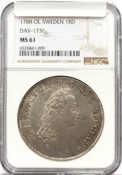 博洋堂“物美丰成”11月精品专场暨第145期（全场包邮） - NGC MS61 瑞典1788年古斯塔夫三世1RD大银币，银光莹润，完美状态，仅有1枚更高分！
