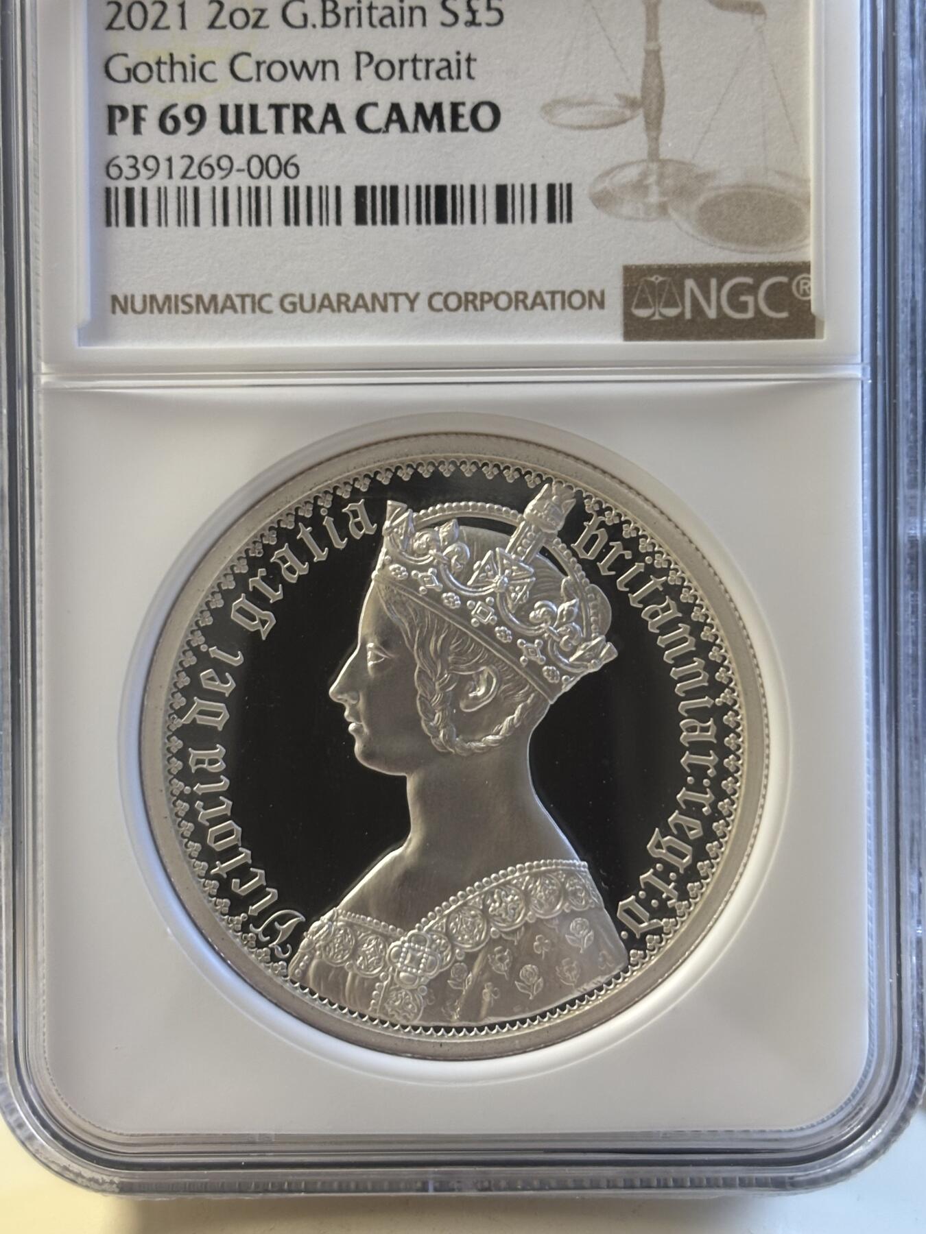 第181期拍卖  2021年英国5镑精制纪念加厚银币 雕刻师哥特人像NGC PF69无盒无证书，2盎司，999银