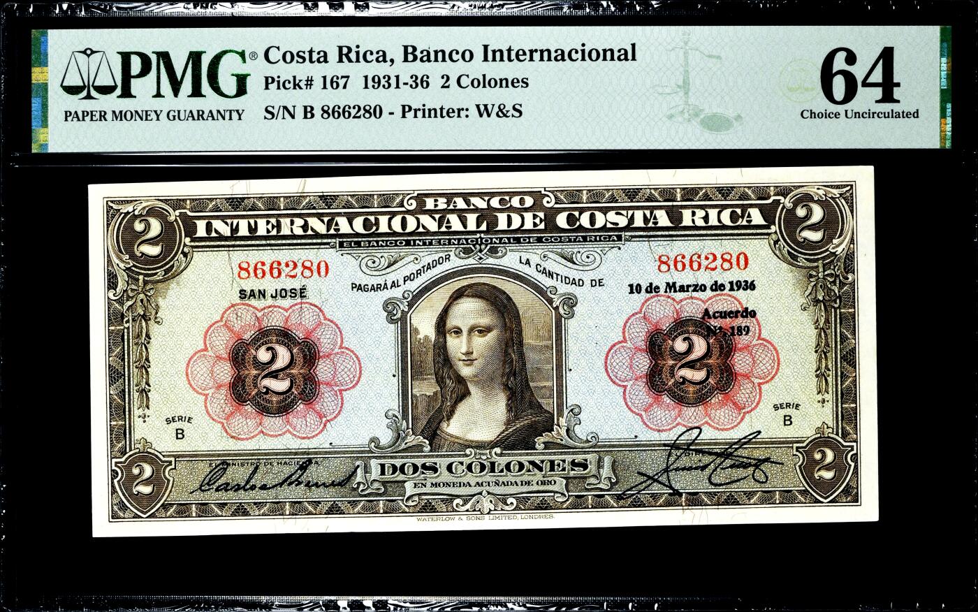 【Blue Auction】世界纸币精拍第747期——18级TOP拍卖/信誉/品质/专业/高效💫 【无47 亚军分 实钞如此高分罕见】哥斯达黎加 1931-36年2克朗 W&S出品 经典蒙娜丽莎（唯一印有该肖像的纸币） 雕刻精美 非常经典 珍藏级纸币备受热情追捧（PMG已对超过90张该实钞纸币进行了评级，其中大部分处于VF级或更低等级，全新品相可遇不可求）