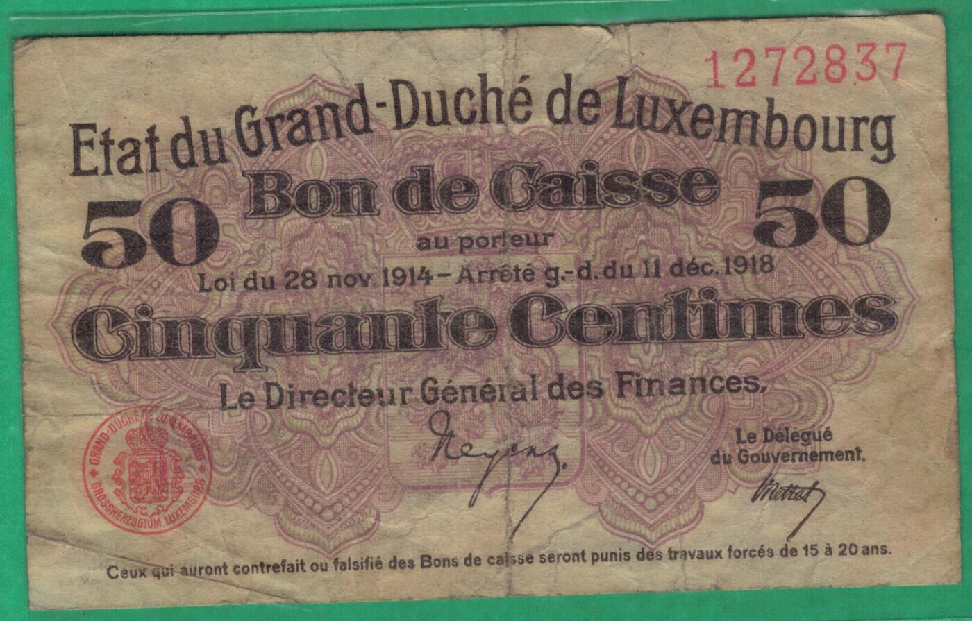 卢森堡1914年至1918年(1919年)50分 P-26 无4 实物图 八五品 稀少