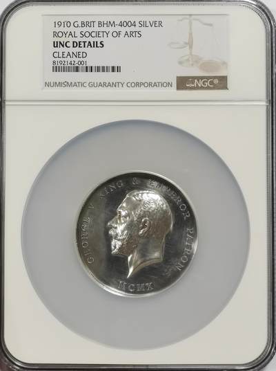 博洋堂“物美丰成”11月精品专场暨第145期（全场包邮） - NGC UNC 英国1910年乔治五世皇家艺术、工业与商业协会纪念银章，重89.38克，直径55mm，B.Mackennal设计
