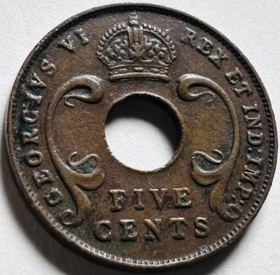 文馨钱币收藏第 279 场，银币，纪念铜章场 长期接收代拍品 - 少见极美品 1941 年英属东非乔治六世中孔 5 分铜币 I 版