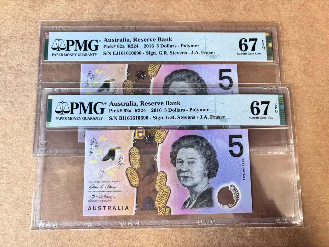 【Blue Auction】世界纸币精拍第747期——18级TOP拍卖/信誉/品质/专业/高效💫 【一组2张 号码全同 倒置号】澳大利亚 2016年5元 PMG67EPQ