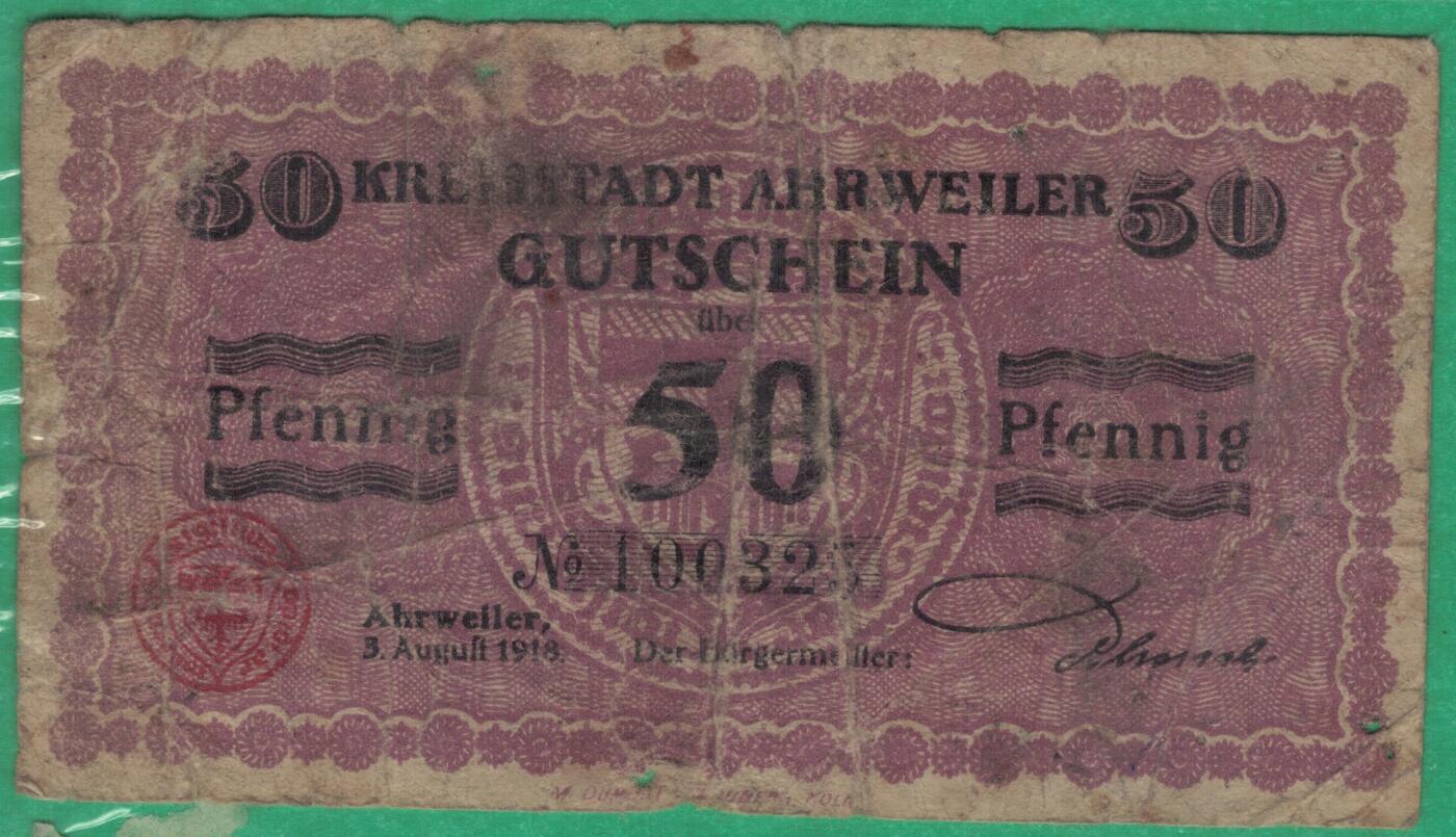 德国1918年50芬尼 阿尔魏勒市发行的紧急货币 无47 品相如图