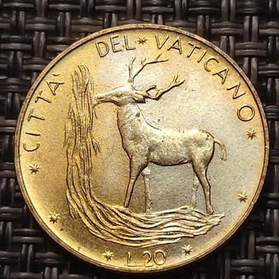 布加迪🐬～世界钱币(上海)🌾第 258 期 /  各国套币和散币 - 梵蒂冈🇻🇦 1970年 20里拉 动物马鹿 21.3mm