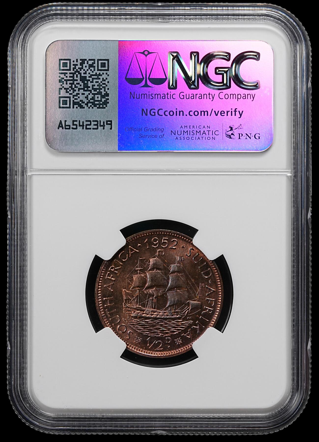 修遠堂世界钱币第九十二期 NGC PF65RB 1952年南非1/2便士精制铜币 稀少仅铸造1550枚